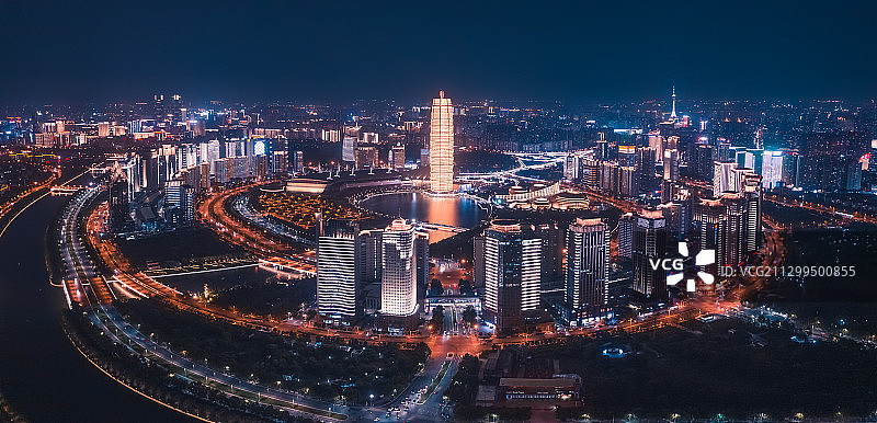 河南郑州CBD夜景航拍全景图片素材