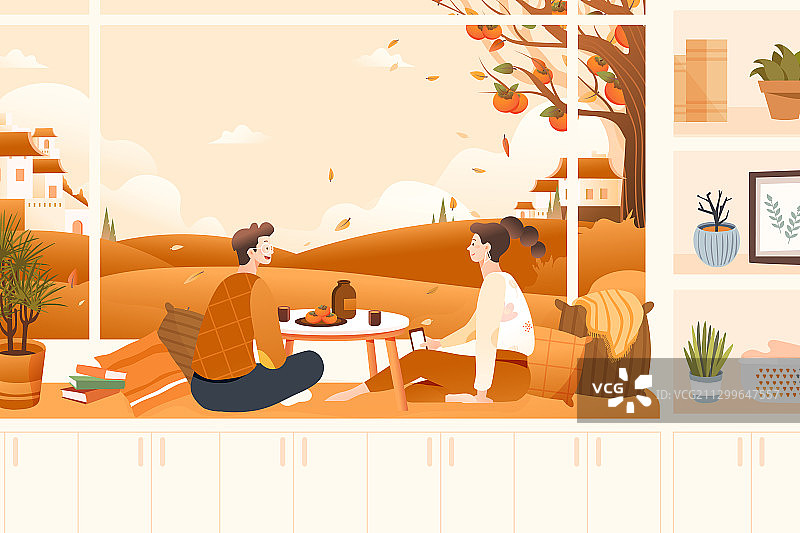 卡通秋季寒露霜降情侣家居生活方式家人节气节日祝福风景矢量插画图片素材