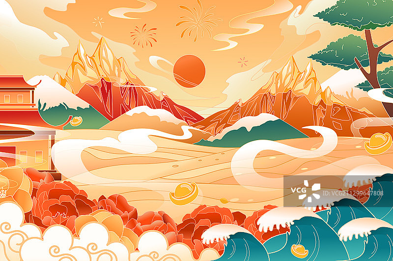 卡通双十一双十二电商购物促销网电商年货节新年家人国潮矢量插画图片素材