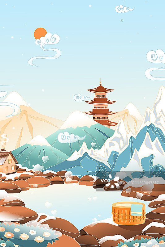 卡通冬至立冬家人亲子泡温泉团圆儿童自然风景小雪房子矢量插画图片素材