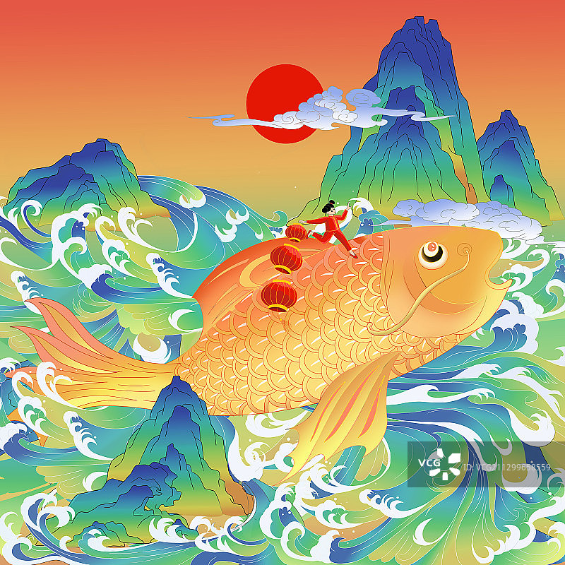国潮风中国山水与锦鲤春节题材插画图片素材