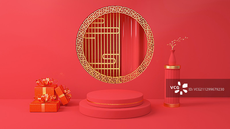 红色新中式空间场景渲染图片素材