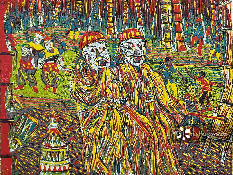 套色木刻版画《版纳印象》图片素材