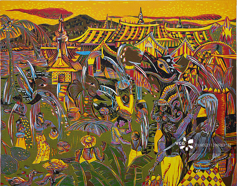 套色木刻版画《傣园欢歌》图片素材