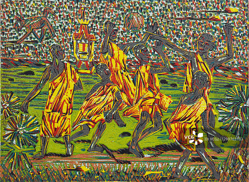 套色木刻版画《傣园新貌》图片素材