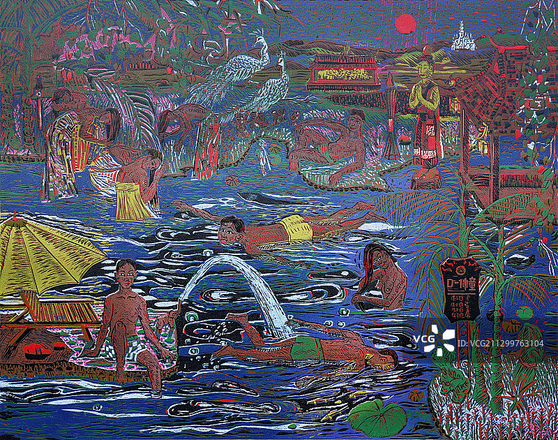 套色木刻版画《多情的菩提岛》图片素材