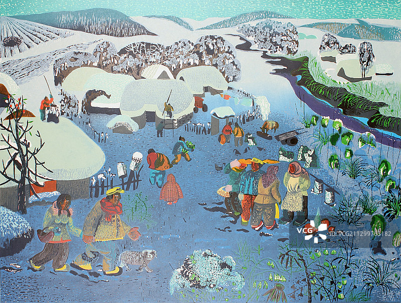 套色木刻版画《初雪中的精灵》图片素材