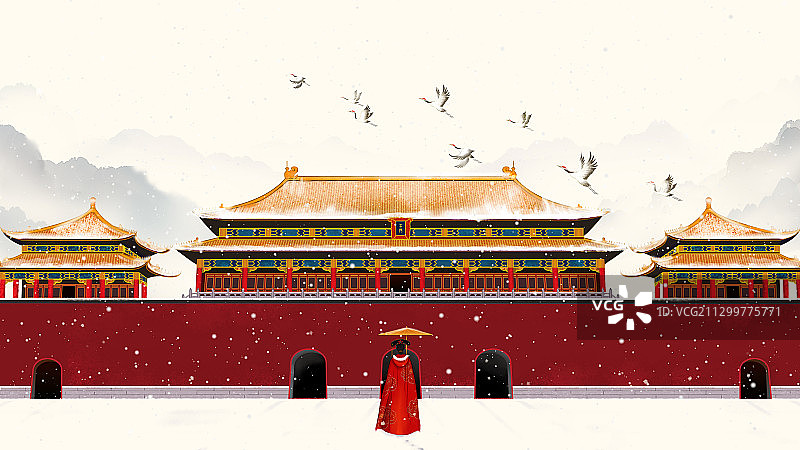 唯美故宫雪景中国风手绘水墨画图片素材