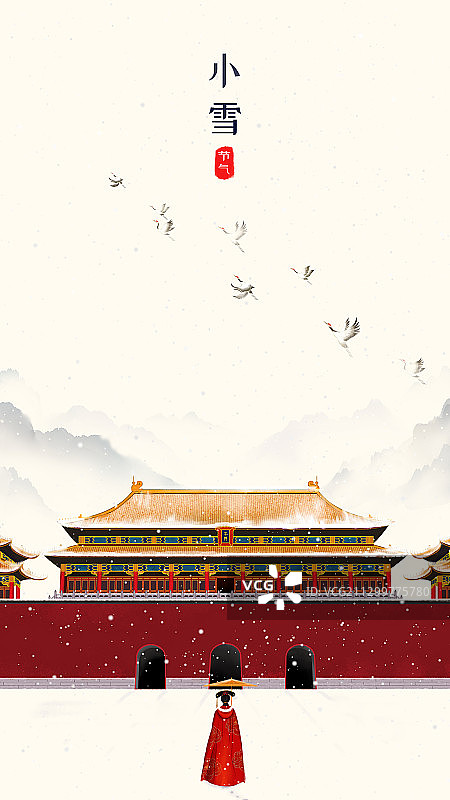 唯美故宫雪景中国风手绘水墨画图片素材