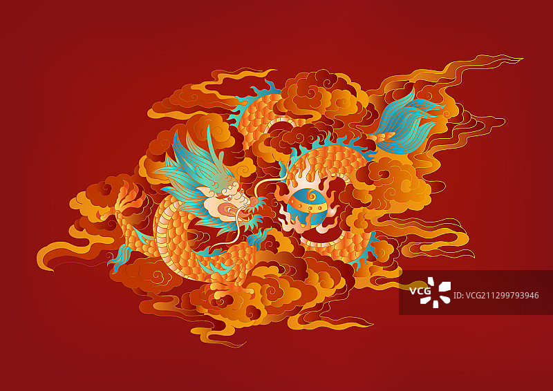 喜庆龙纹祥云国潮图案，红色背景图片素材