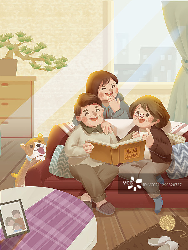 重阳节一家三口温馨团聚插画图片素材