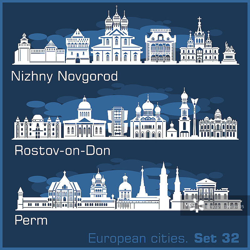 下诺夫哥罗德、罗斯托夫、彼尔姆城市天际线图片素材