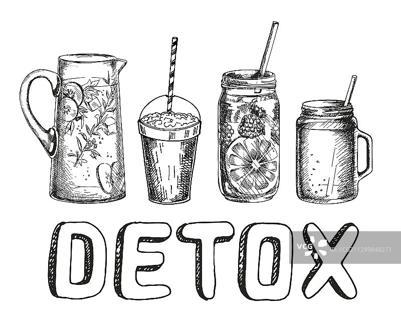 素描风格的思慕雪或排毒鸡尾酒海报图片素材