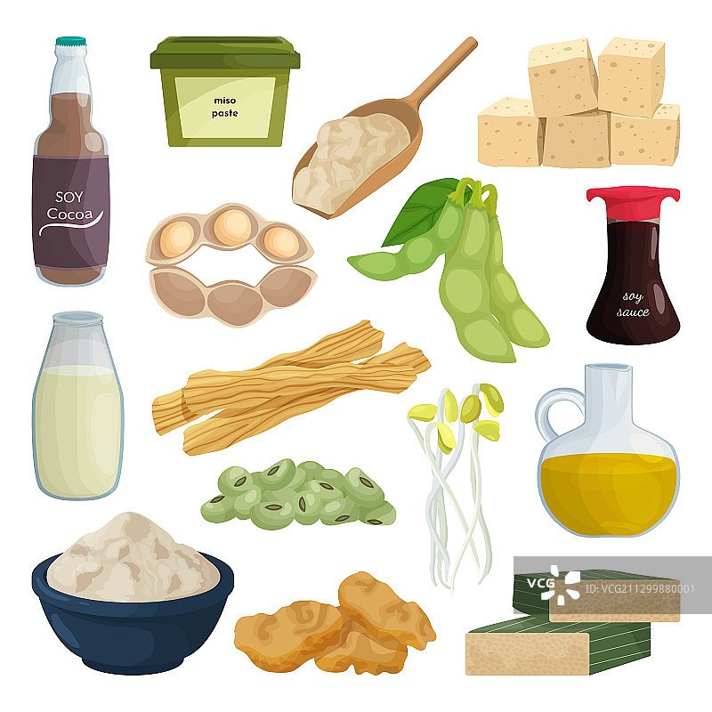 孤立的大豆产品卡通图标集图片素材