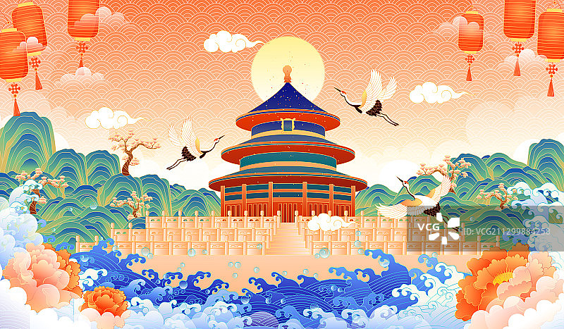 国潮风北京天坛古建筑矢量插画图片素材