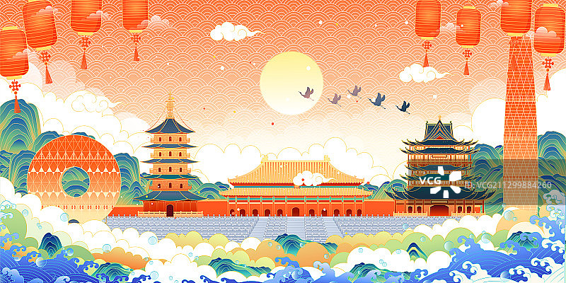 国潮风中国建筑群矢量插画图片素材
