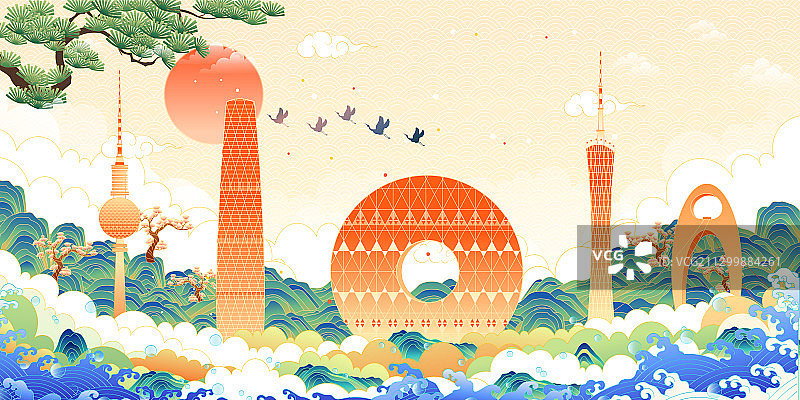 国潮风广州建筑矢量插画图片素材