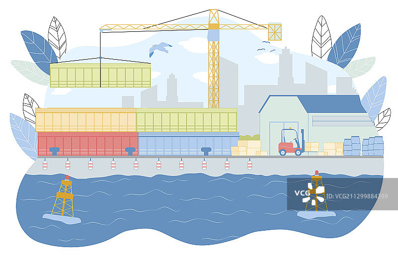 海港起重机吊起集装箱和叉车装载箱图片素材