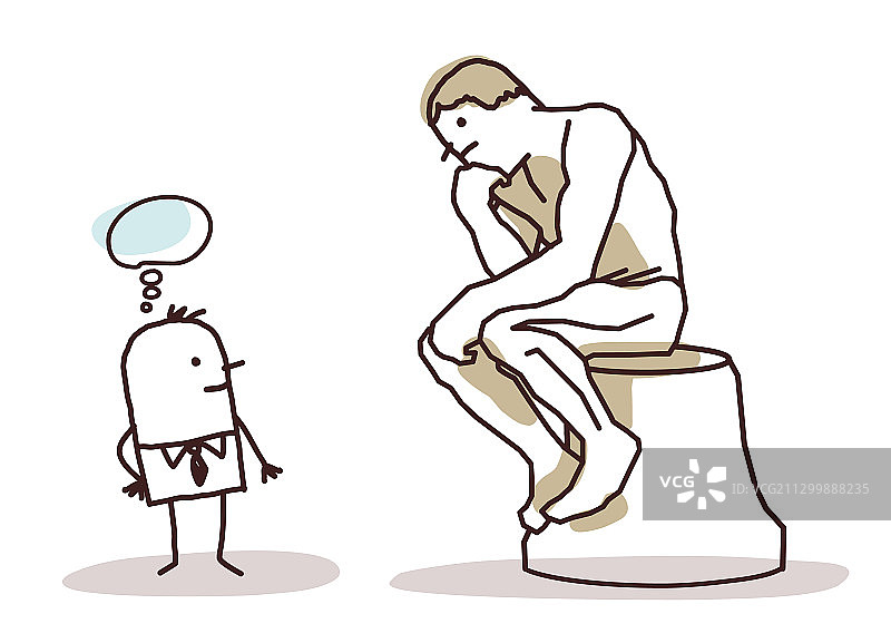 男人观看罗丹的思考者雕塑图片素材