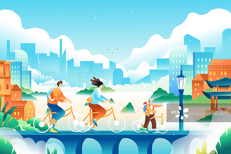 卡通家人亲子骑行团圆踏青春游儿童自然风景城市建筑火车矢量插画图片素材