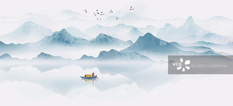 蓝色意境山水画图片素材