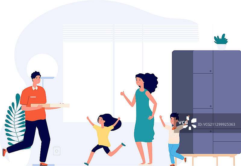 披萨外卖：快乐的孩子和妈妈图片素材