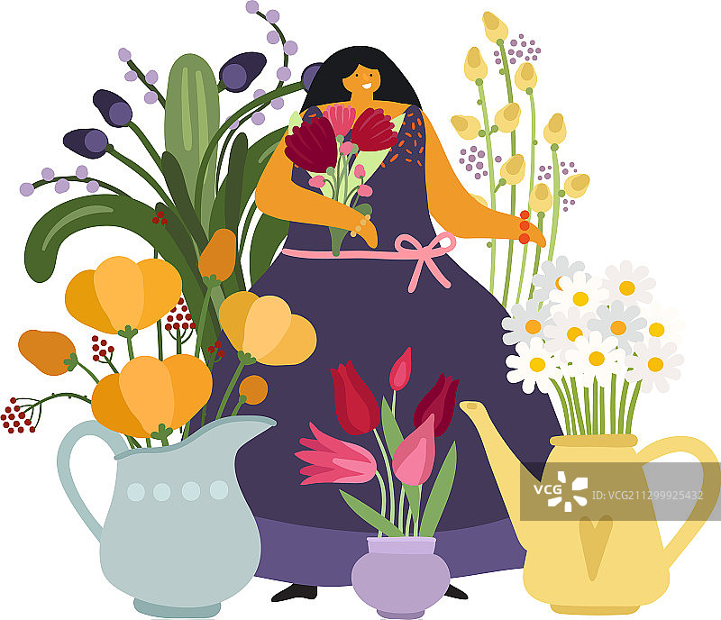 手持鲜花的女人，花童或园丁图片素材