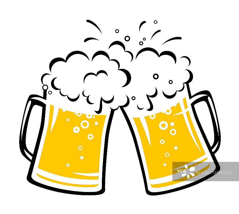 两个手绘的泡沫啤酒杯碰撞图片素材
