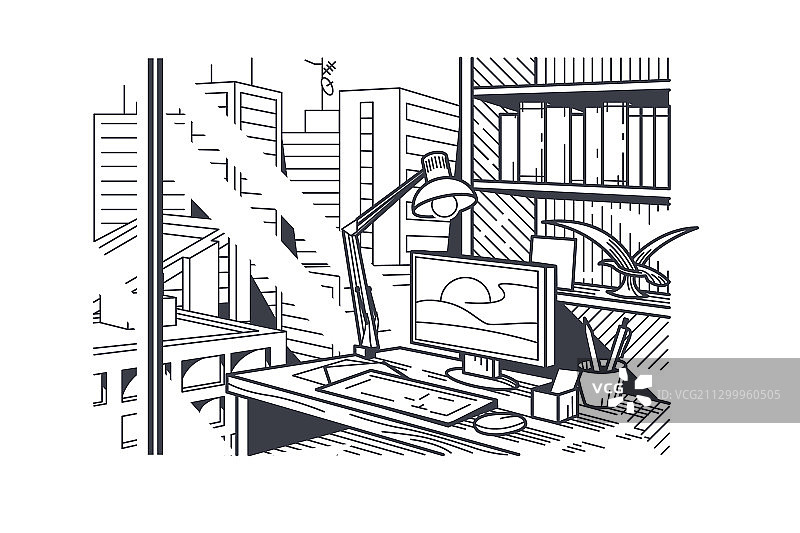 配有笔记本电脑和台灯的办公桌图片素材