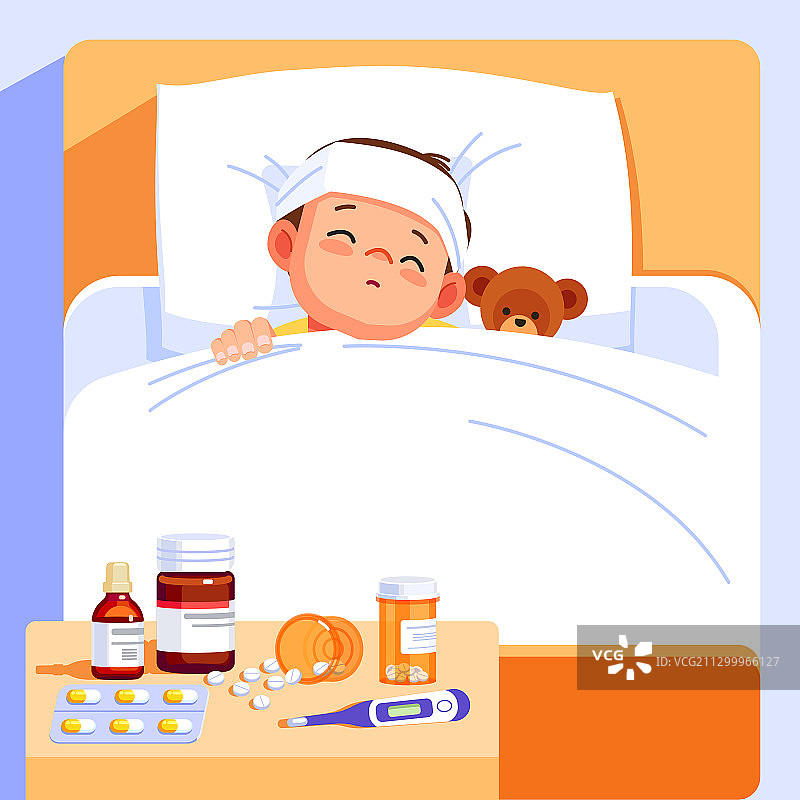 生病的男孩抱着泰迪熊在床上睡觉图片素材