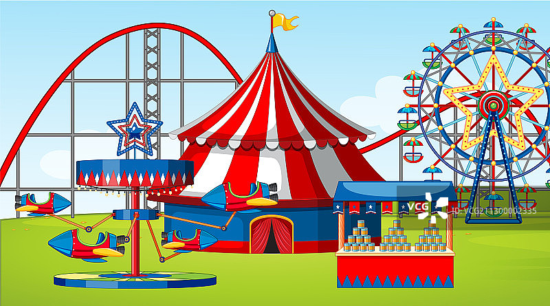 游乐园的过山车和其他游乐设施场景图片素材