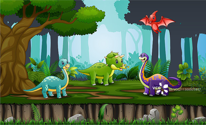 丛林中快乐的恐龙卡通形象图片素材