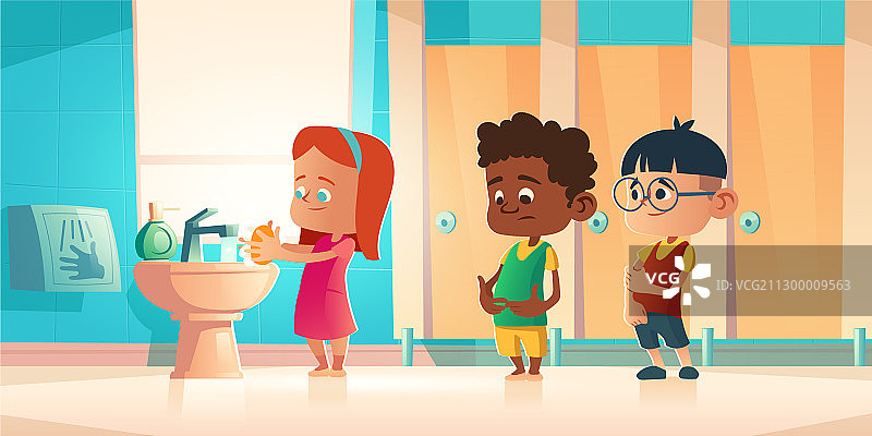儿童在学校卫生间洗手图片素材