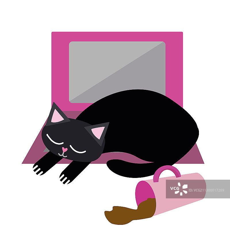 可爱卡通宠物猫和笔记本电脑图片素材