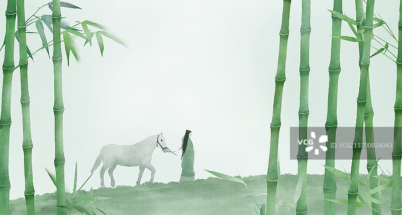 中国风绿色复古竹林插画图片素材