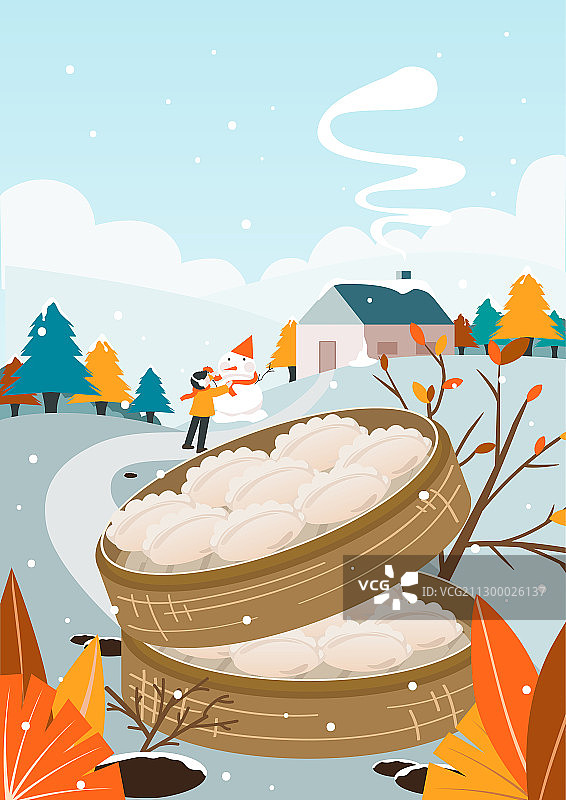 冬季冬至节日插画饺子蒸饺雪人新年堆雪人图图片素材