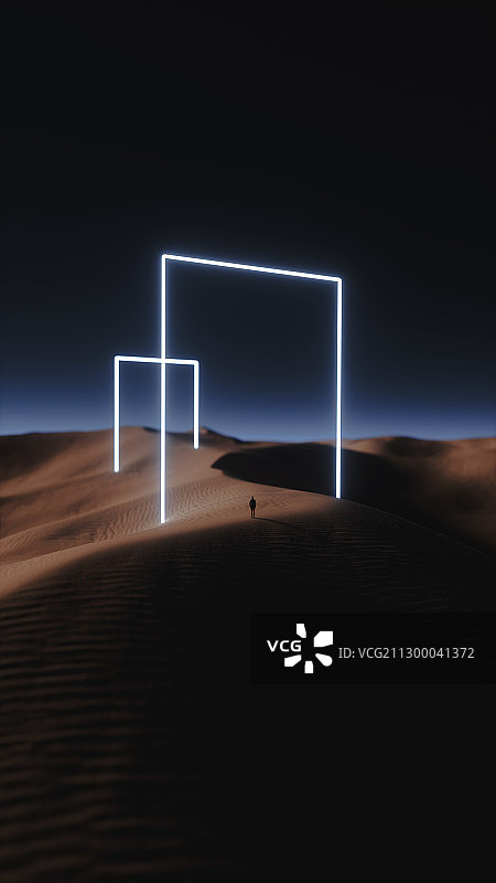 3D渲染沙漠中的霓虹灯管概念艺术场景图片素材
