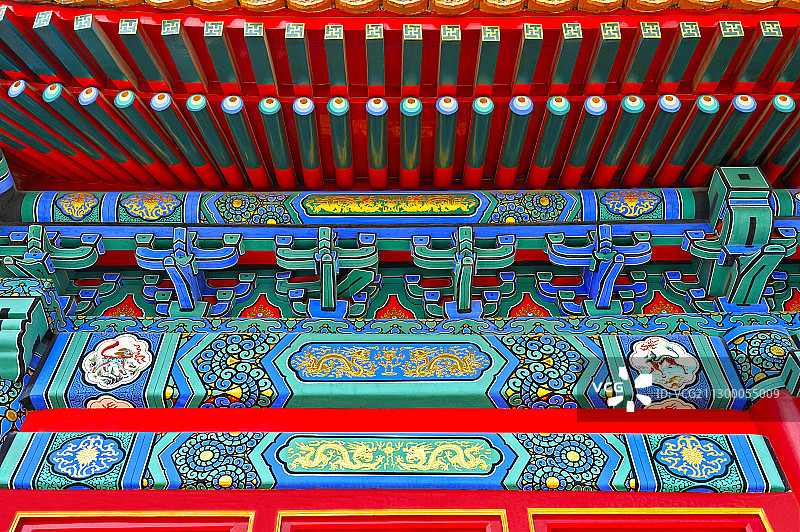 故宫里额枋与斗拱和各式和玺彩画彩绘图片素材