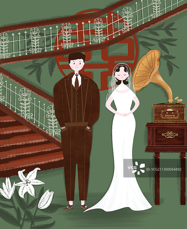 婚礼插画-复古民国风图片素材