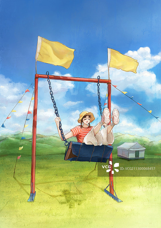 草原上荡秋千的女孩图片素材