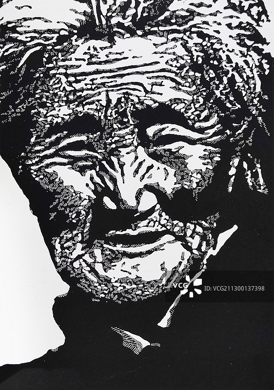 黑白版画《来福婆婆》图片素材