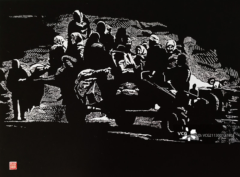 黑白版画《走出大山的婆娘》图片素材