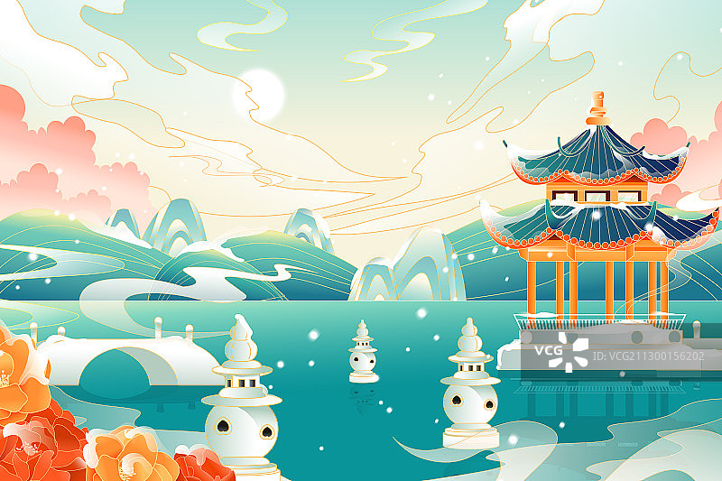 卡通中国浙江杭州西湖江南雷峰塔国内游古建筑中国风国潮矢量插画图片素材