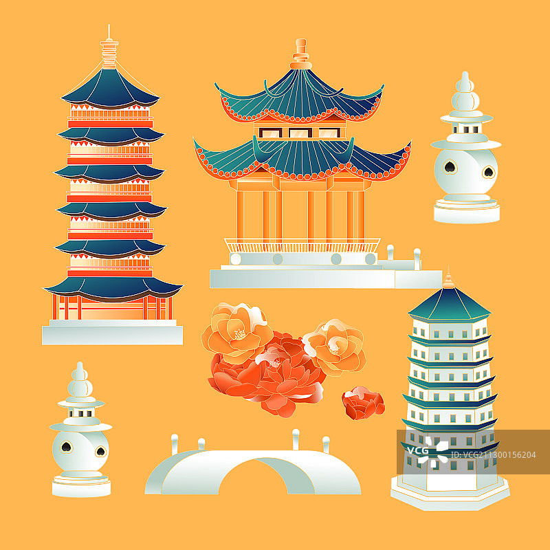 卡通中国浙江杭州西湖江南雷峰塔国内游古建筑中国风国潮矢量插画图片素材