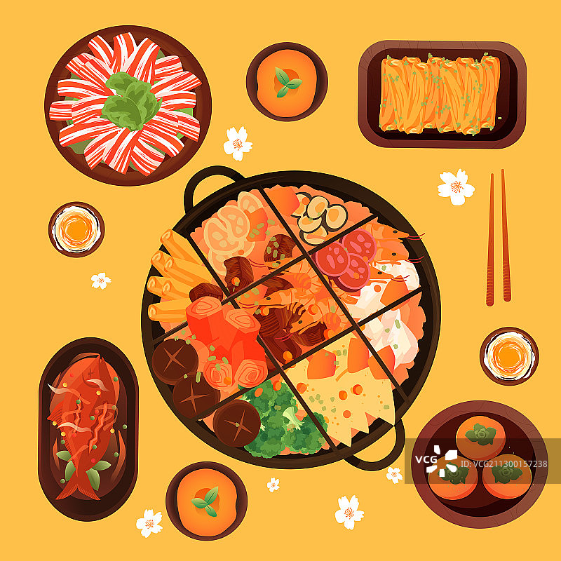 卡通九宫格火锅麻辣美味食品健康吃饭顶视图美食中国风矢量插画图片素材