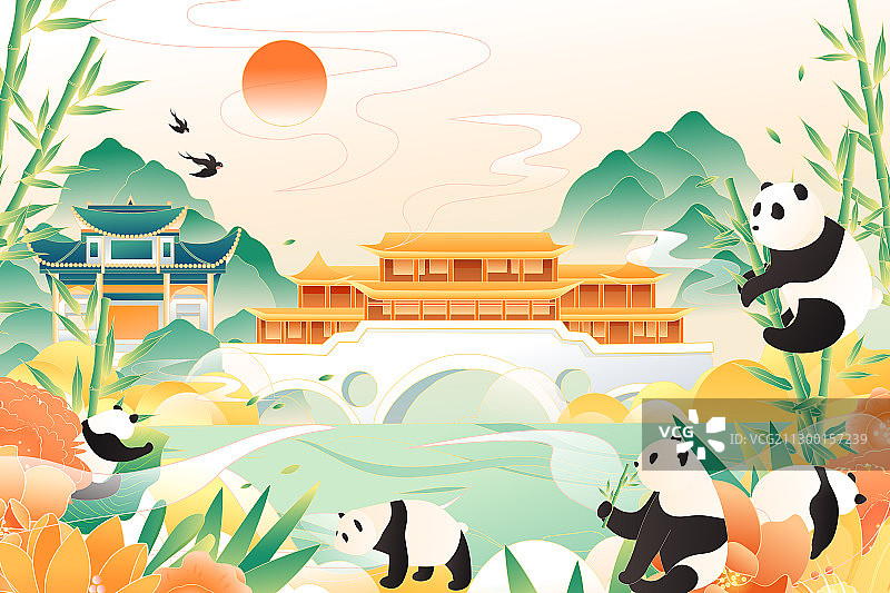 卡通中国四川成都重庆熊猫都江堰古建筑城市中国风国潮矢量插画图片素材