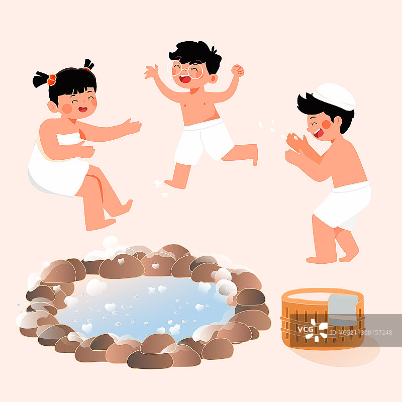 卡通新年春节过年冬至冬季元宵节立冬儿童泡温泉中国风矢量插画图片素材