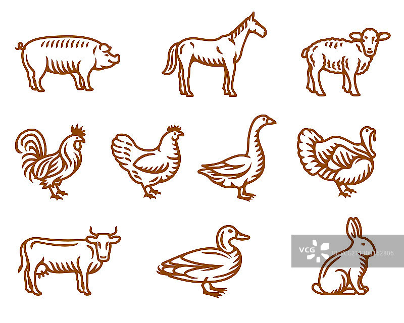 农场动物雕刻风格图标合集图片素材