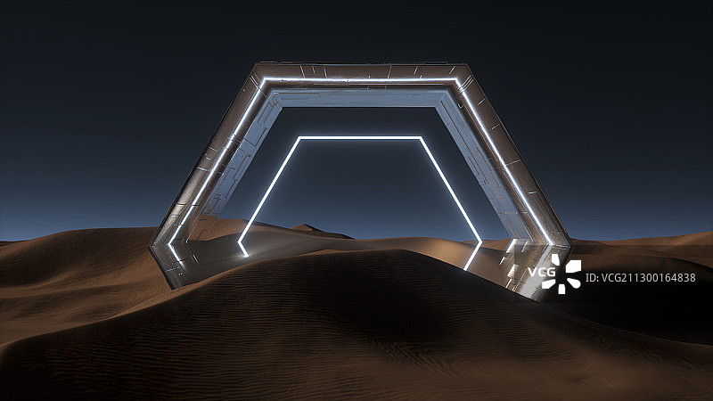 3D渲染沙漠中的门科幻艺术概念场景图片素材
