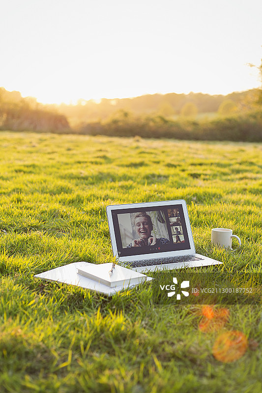 同事在阳光明媚的草地上通过笔记本电脑进行视频聊天图片素材